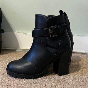 Black Chunky Heel Ankle Boots with Buckle Strap